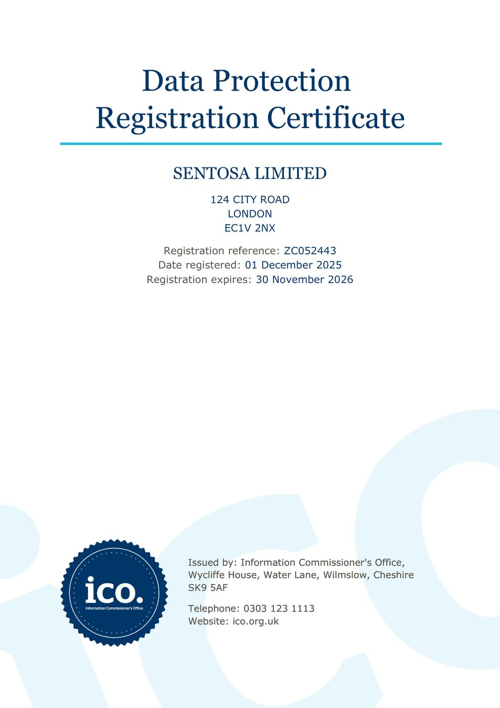 Data Protection Registration Certificate issued by the Information Commissioner’s Office to Sentosa Limited, reference ZC052443